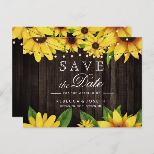 Zonnebloem Hout Ruwlicht Bind sparen de Datum Uitnodiging Briefkaart (Voorkant / Achterkant)