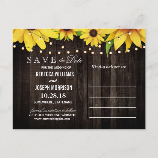 Zonnebloem Hout Ruwlicht Bind sparen de Datum Uitnodiging Briefkaart (Achterkant)