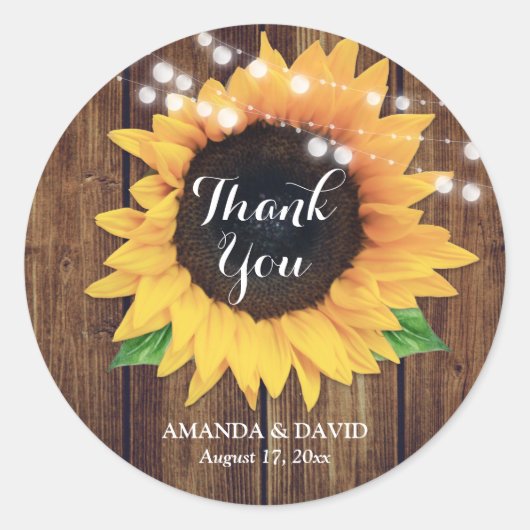 Zonnebloem Hout String Lights Wedding Ronde Sticker (Voorkant)