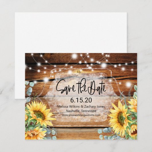 Zonnebloem Hout Wedding Save the Date Uitnodiging (Voorkant / Achterkant)