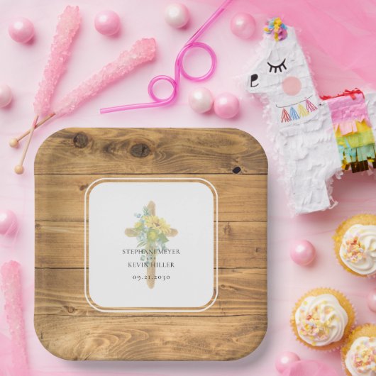 Zonnebloem houten kruis bruiloft papieren bordje (Feest)