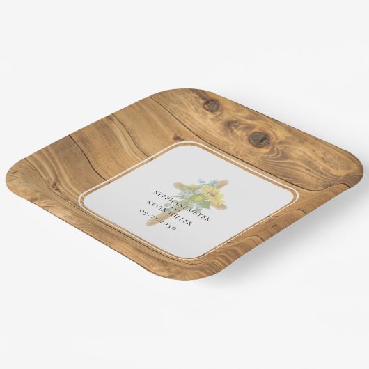 Zonnebloem houten kruis bruiloft papieren bordje (Gebogen)