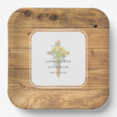 Zonnebloem houten kruis bruiloft papieren bordje (Voorkant)