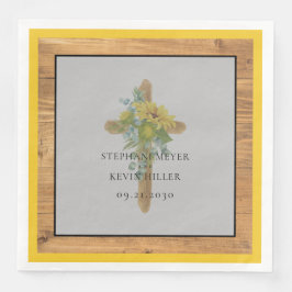 Zonnebloem houten kruis bruiloft servet