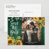 Zonnebloem houten lichten jager groen bruiloft fot aankondigingskaart (Voorkant / Achterkant)