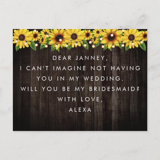 Zonnebloem Houten Snaar Juffrouw Van Eer Voorstel Uitnodiging Briefkaart (Achterkant)