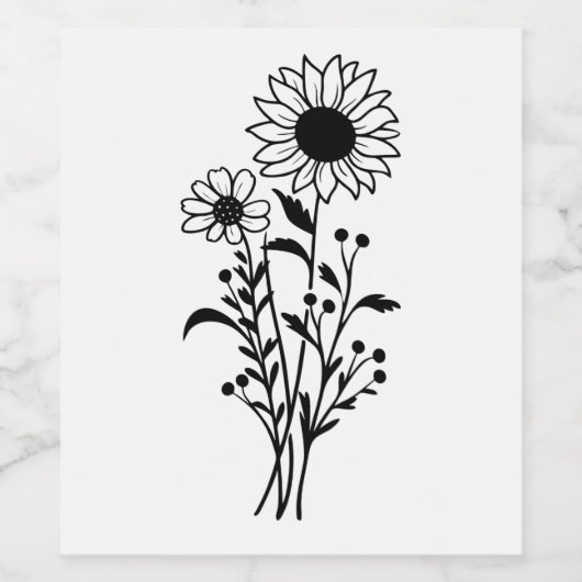 Zonnebloem Huwelijk Rustiek Wildflowers Zwart Wit Wijn Etiket (Enkel label)