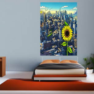 Zonnebloem in de stad AI Art Poster