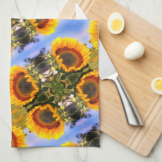 Zonnebloem in een Abstract zonnebloempatroon Theedoek (Quarter Fold)