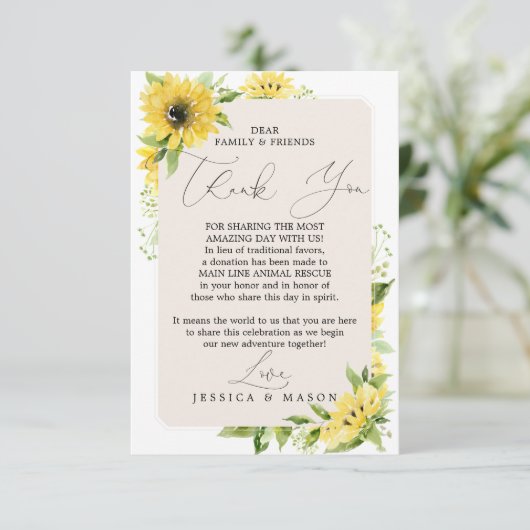 Zonnebloem in plaats van Favors Hartelijk dank Aankondiging (Staand voorkant)