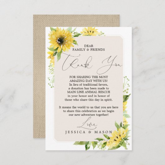 Zonnebloem in plaats van Favors Hartelijk dank Aankondiging (Voorkant / Achterkant)