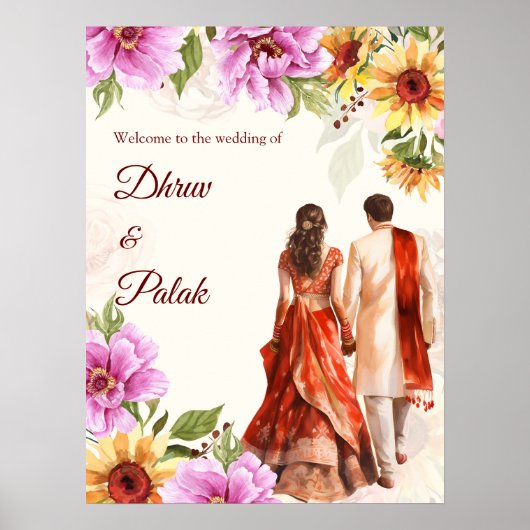 Zonnebloem Indiase paar bruiloft welkom teken Poster (Voorkant)