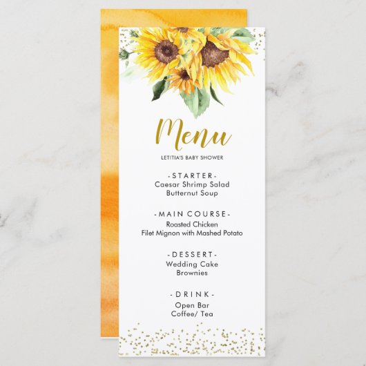Zonnebloem is op weg Baby shower Menu (Voorkant / Achterkant)