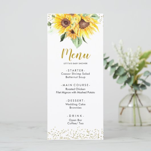Zonnebloem is op weg Baby shower Menu (Staand voorkant)