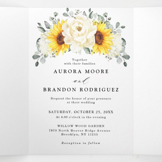 Zonnebloem Ivoor pioen Bloemen QR Code Huwelijk Drieluik Aankondiging (Binnenkant midden)