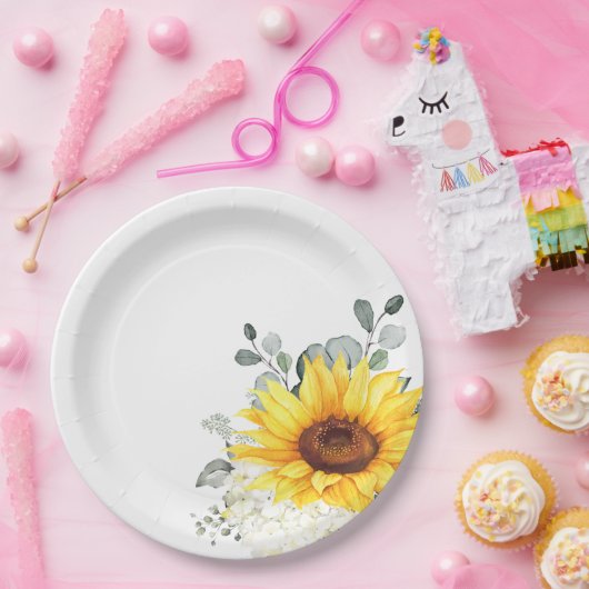 Zonnebloem Ivoor Pioen Bloemige Eucalyptus Bruilof Papieren Bordje (Feest)