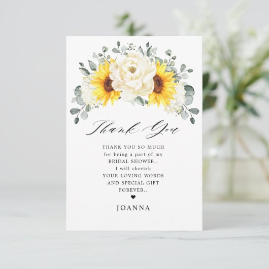 Zonnebloem Ivory Peony Eucalyptus Vrijgezellenfees Bedankkaart (Staand voorkant)