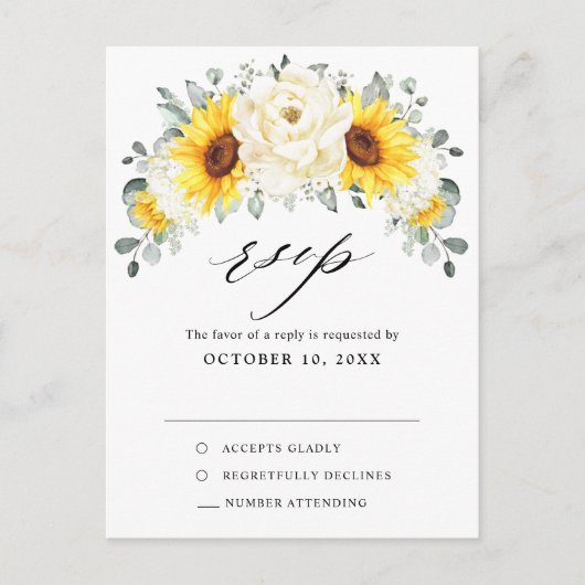 Zonnebloem Ivory Peony Eucalyptus Weddenschap RSVP Briefkaart (Voorkant)