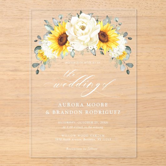 Zonnebloem Ivory Peony Floral Eucalyptus Weddensch Acryl Uitnodigingen (Voorkant)