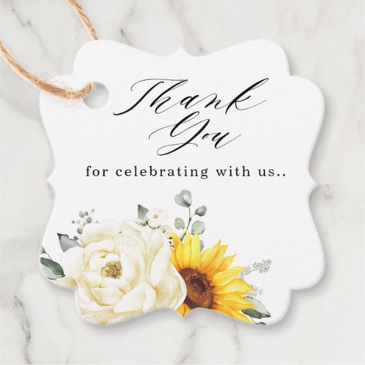 Zonnebloem Ivory Peony Floral Eucalyptus Weddensch Bedankjes Labels (Voorkant)