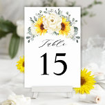 Zonnebloem Ivory Peony Floral Eucalyptus Weddensch Kaart<br><div class="desc">Elegant modern bloemenmidzomer trouwtafel nummer beschikt over een boeket van waterverf zonnebloem hortensia & pioenen in tinten van rijk geel, ivoor, met weelderige groene botanische bladeren en eucalyptus. Vind meer bijpassende design en variaties uit mijn "blissweddingpaperie" winkel. En neem gerust contact met mij op voor verdere aanpassingen of overeenkomende items....</div>