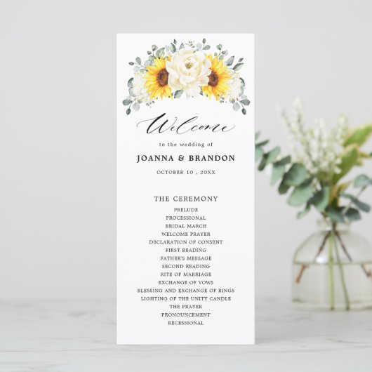 Zonnebloem Ivory Peony Floral Eucalyptus Weddensch Programmakaart (Staand voorkant)