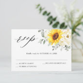 Zonnebloem Ivory Peony Floral Eucalyptus Weddensch RSVP Kaartje (Staand voorkant)