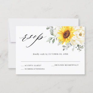 Zonnebloem Ivory Peony Floral Eucalyptus Weddensch RSVP Kaartje