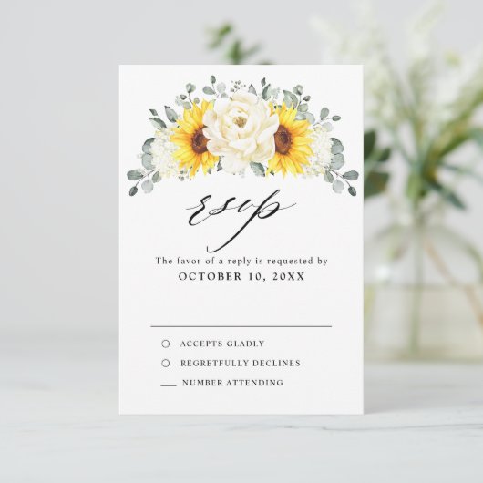 Zonnebloem Ivory Peony Floral Eucalyptus Weddensch RSVP Kaartje (Staand voorkant)