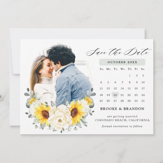 Zonnebloem Ivory Peony Floral Eucalyptus Weddensch Save The Date (Voorkant)