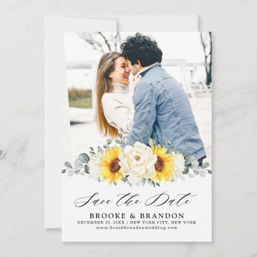 Zonnebloem Ivory Peony Floral Eucalyptus Weddensch Save The Date (Voorkant)