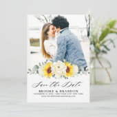 Zonnebloem Ivory Peony Floral Eucalyptus Weddensch Save The Date (Staand voorkant)