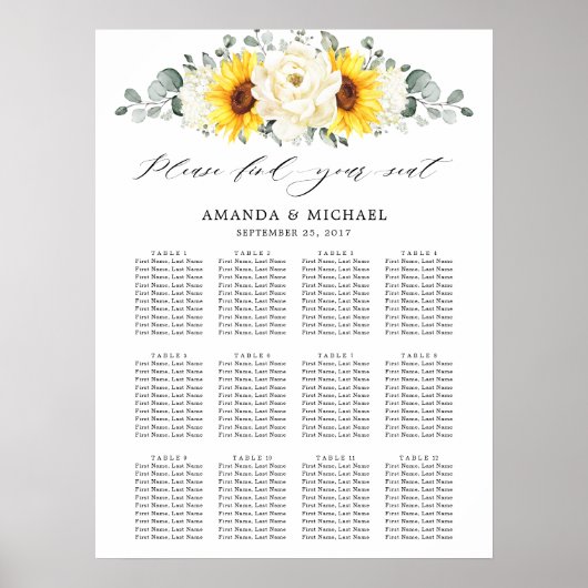 Zonnebloem Ivory Peony Floral Wedding Seding Chart Poster (Voorkant)