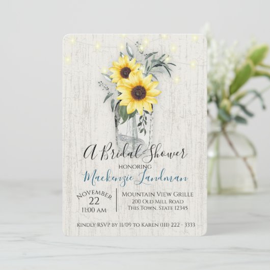 Zonnebloem Jar en String Lights Rustieke bruiloft Kaart (Staand voorkant)