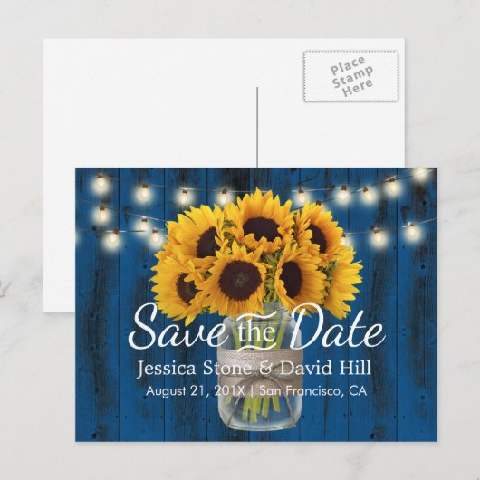 Zonnebloem Jar Navy Blue Barn Wedding Save the Dat Aankondigingskaart (Voorkant / Achterkant)