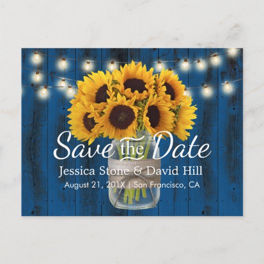 Zonnebloem Jar Navy Blue Barn Wedding Save the Dat Aankondigingskaart (Voorkant)