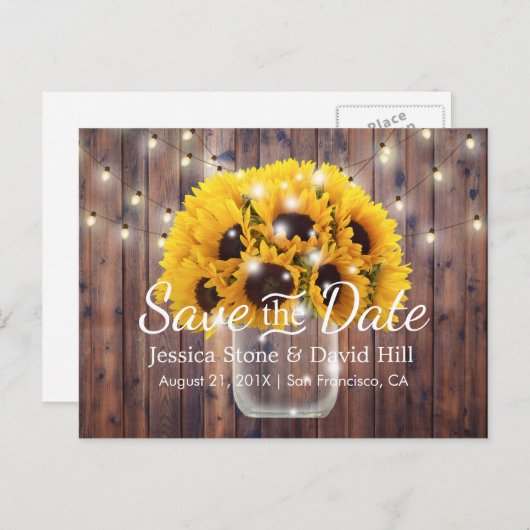 Zonnebloem Jar Rustic Barn Wedding Save the Date Aankondigingskaart (Voorkant / Achterkant)