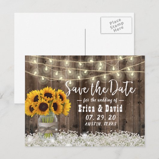 Zonnebloem Jar Rustic Floral Wedding Save the Date Aankondigingskaart (Voorkant / Achterkant)
