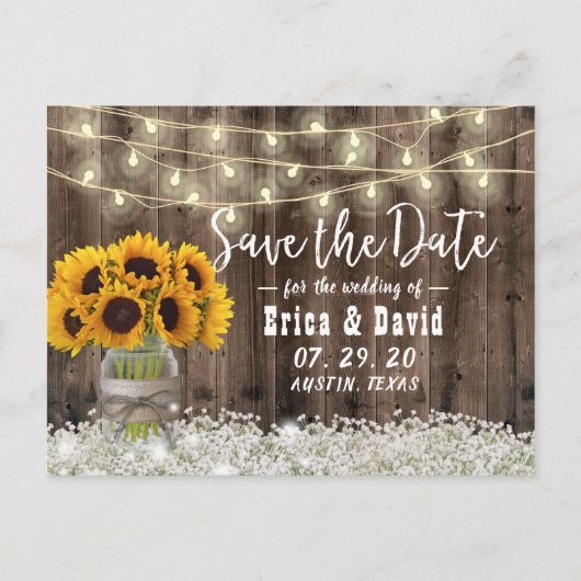 Zonnebloem Jar Rustic Floral Wedding Save the Date Aankondigingskaart (Voorkant)