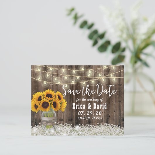 Zonnebloem Jar Rustic Floral Wedding Save the Date Aankondigingskaart (Staand voorkant)