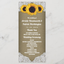 Zonnebloem Jute en Kant Bruiloftsprogramma's Programmakaart