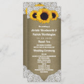 Zonnebloem jute en kant rustieke bruiloft programm programmakaart (Voorkant / Achterkant)