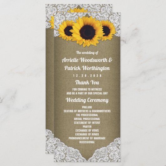 Zonnebloem jute en kant rustieke bruiloft programm programmakaart (Voorkant / Achterkant)