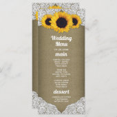 Zonnebloem Jute en Kant Trouw Menu Kaarten (Voorkant / Achterkant)