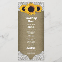 Zonnebloem Jute en Kant Trouw Menu Kaarten