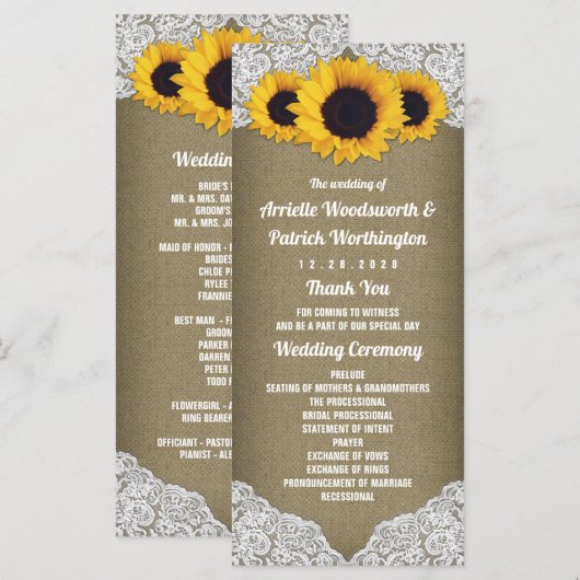 Zonnebloem Jute en Kant Trouwerijprogramma's Programmakaart (Voorkant / Achterkant)