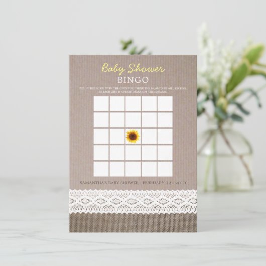 Zonnebloem Jute & Haak Kant Baby Shower Bingo Kaart (Staand voorkant)