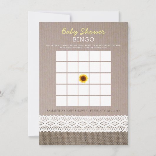 Zonnebloem Jute & Haak Kant Baby Shower Bingo Kaart (Voorkant)