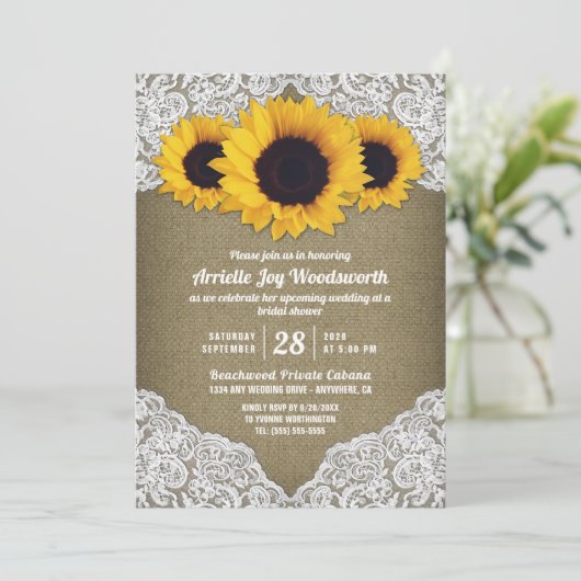 Zonnebloem jute kant bruids douche uitnodigingen (Staand voorkant)