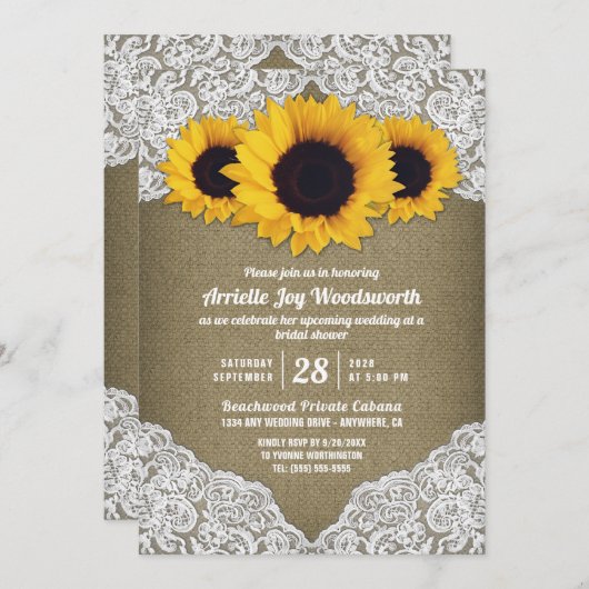 Zonnebloem jute kant bruids douche uitnodigingen (Voorkant / Achterkant)